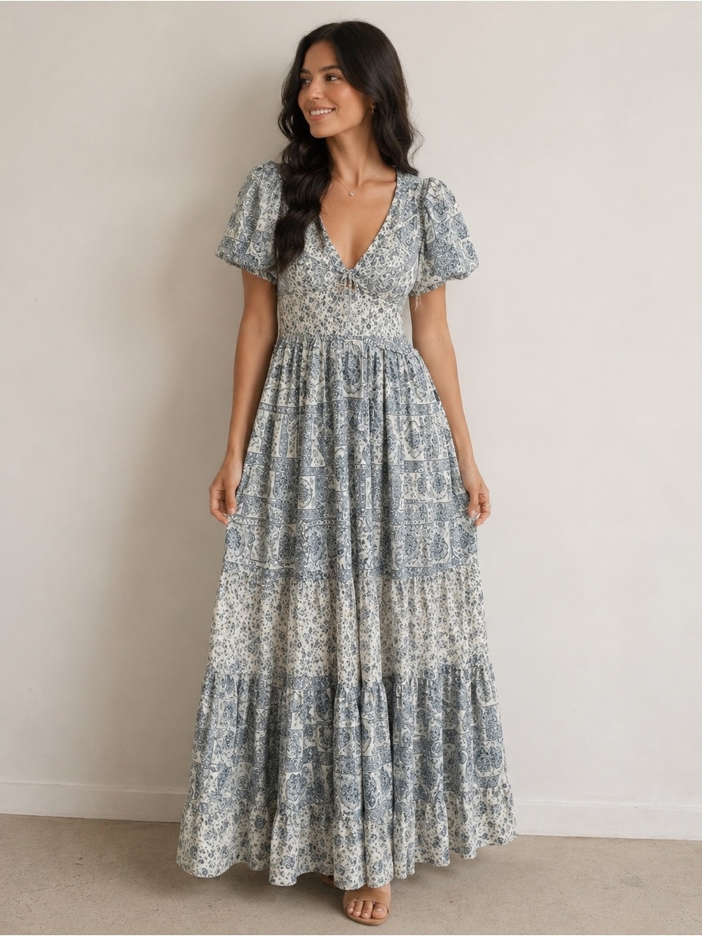 Boho Maxi Dress Cottagecore Flutter Sleeve Tiered Floral Abercrombie Size Small